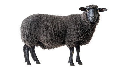 Fototapeta premium Side view full body portrait of a black sheep isolated, symbolizing individuality, leadership, and uniqueness, perfect for emphasizing distinctiveness in a farm or nature setting.