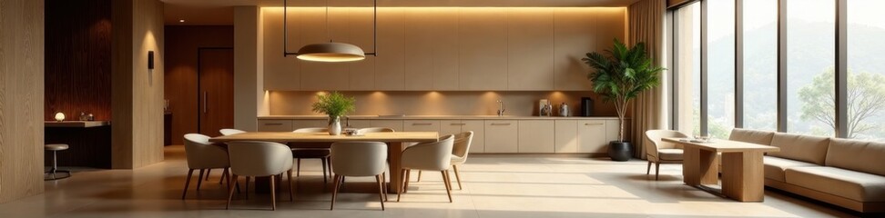 Sleek minimalist dining space, geometric lighting, vector, dining