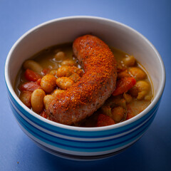 Beans cooked in cocnut milk with carrots chives and pork sausage.