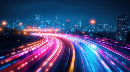 Obraz premium Dynamic light trails of traffic in urban cityscape at night long exposure photography vibrant colors