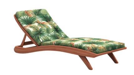 Wooden deck lounge chair with green tropical palm tree pattern design isolated, representing relaxation, vacation, and beach comfort furniture for holiday or summer settings.