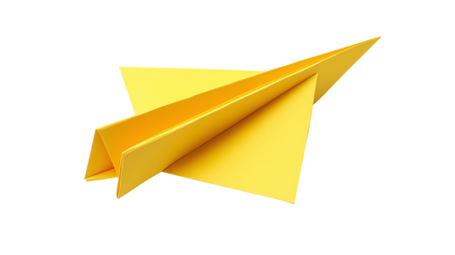Yellow paper plane shape isolated, representing origami, craft, and fun childhood activities, ideal for creative, playful, or business-themed visuals.