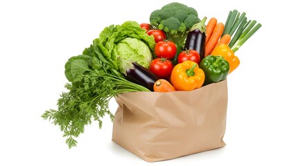 A paper bag filled with fresh vegetables and groceries