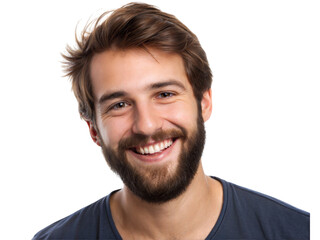 Obraz premium Cheerful young man with beard smiling portrait in studio environment, isolated on white or transparent background