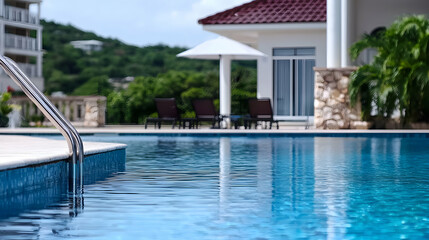 A swimming pool reflects a building with lounge chairs