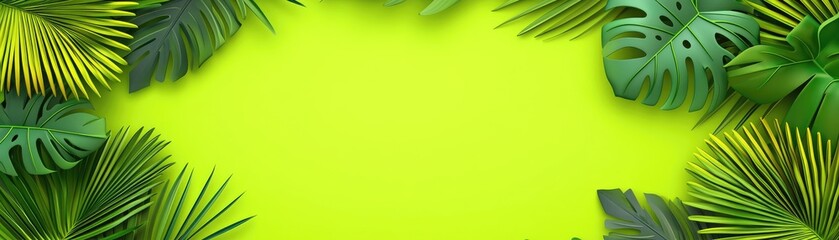 Obraz premium Tropical leaves frame green background; summer, nature, design