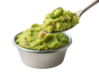 Delicious spoonful of chunky guacamole kitchen food photography bright close-up culinary art, isolated on white or transparent background