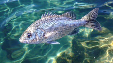 Fototapeta premium A silver snapper fish moving gracefully through crystal-clear water.