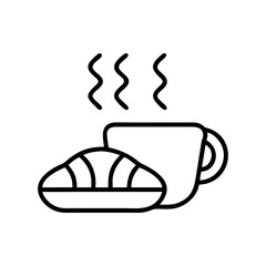 Coffee and croissant icon in black outline style