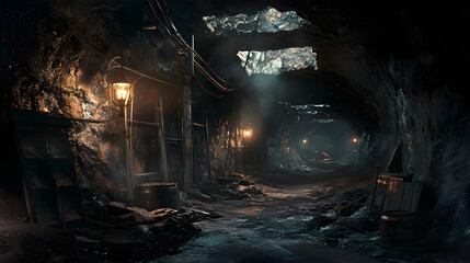 Fototapeta premium Faint lamps cast eerie shadows in the cavernous mine, while miners search for valuable ore in the dark corners.