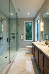 Spa-like master bath with frameless glass shower, contemporary, minimal