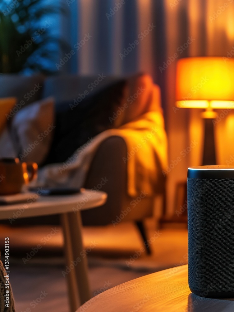 Poster stylish living room utilizes smart speakers for dynamic lighting and music control in an interactive