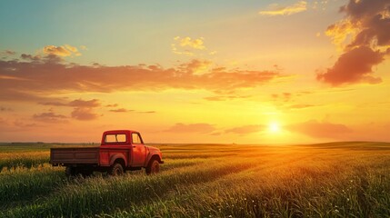 Fototapeta premium Vintage Truck on Vast Agricultural Land