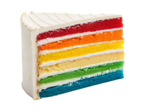 Colorful rainbow cake slice with cream frosting kitchen food photography bright ambiance, isolated on white or transparent background