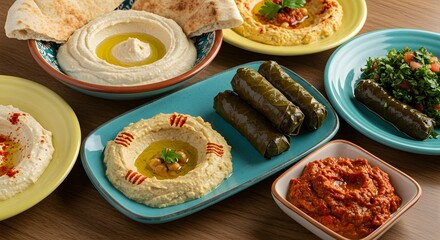 Delicious mediterranean mezze platter with hummus and grape leaves dip oil red food meal life dolma