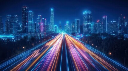 Dynamic light trails from vehicles amidst a vibrant city skyline at night urban photography aerial view
