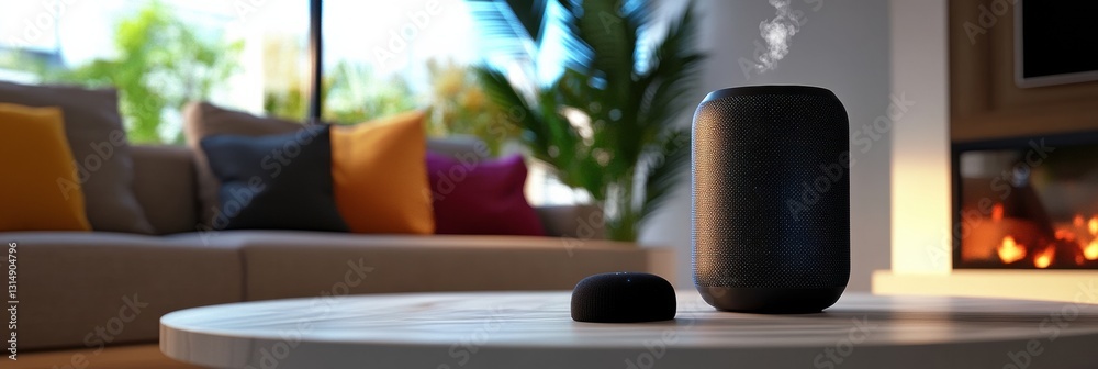Aufkleber Stylish living room featuring smart speakers as a user gives voice commands to adjust lighting and music settings in a modern space