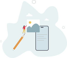 Digital business concept.character works on content marketing targeting and other activities on social networks.flat character life .