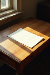 Sunlight illuminates a blank sheet of paper resting on a wooden desk near a window.