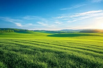Obraz premium Vibrant summer landscape featuring a green grass field under a clear blue sky, perfect for outdoor event promotions, travel brochures, and nature-themed designs.