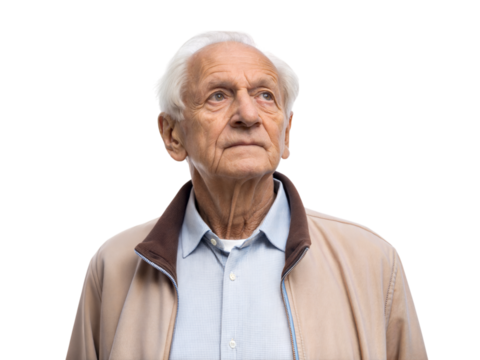 Elderly man with thoughtful expressions studio portrait calm reflection, isolated on white or transparent background