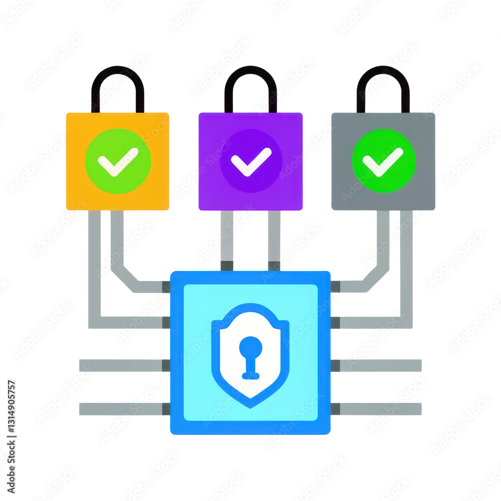 Poster secure data connection concept with colorful padlocks and central lock icon representing digital sec