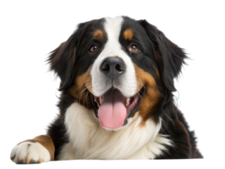 Bernese mountain dog leaning forward indoor studio beautiful portrait close-up canine expression, isolated on white or transparent background