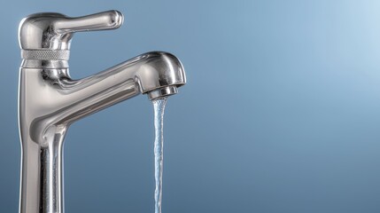 Close up of a sleek and modern stainless steel bathroom faucet with a flowing stream of water spraying into a clean sink basin