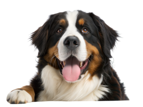 Bernese mountain dog leaning forward indoor studio beautiful portrait close-up canine expression, isolated on white or transparent background