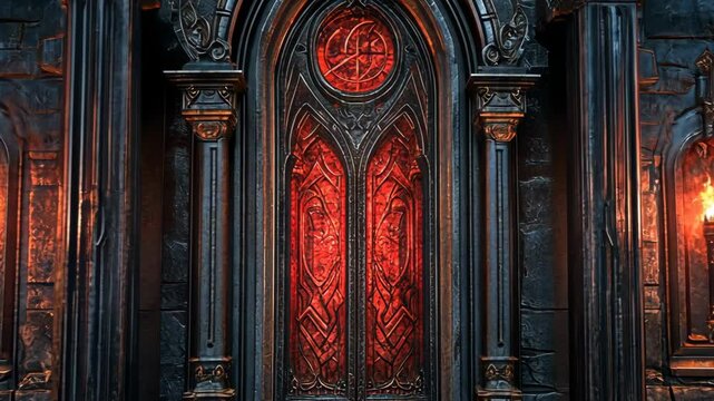 Intricate gothic door with glowing red elements in a dark stone environment at an ancient castle