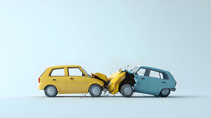 Low Poly Yellow And Blue Cars Colliding On A Minimalist White Background With Debris Impact And Motion