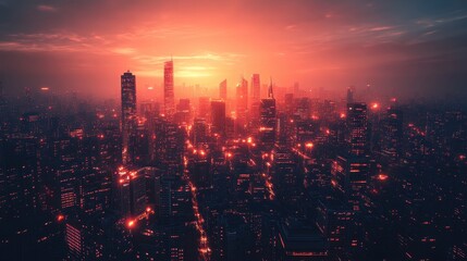 Fototapeta premium Dramatic sunset over skyscrapers urban cityscape photography vibrant colors aerial view modern architecture