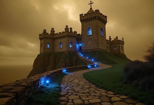 Legendary Castle with Celtic cross during candlelight