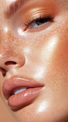 Fototapeta premium Close-up of a woman's face, showcasing radiant, sun-kissed skin and natural makeup.