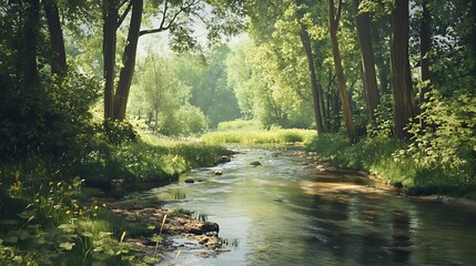 Obraz premium A serene river flows through a lush green forest, creating a peaceful natural landscape.