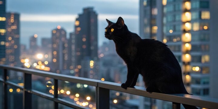 Black cat silhouetted against city skyline at dusk urban environment nighttime photography