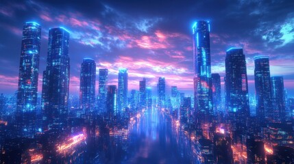 Fototapeta premium Vibrant cityscape at dusk futuristic skyline urban environment aesthetic viewpoint technology concept