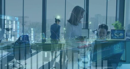 Working with financial data, business professionals in office with animation overlay