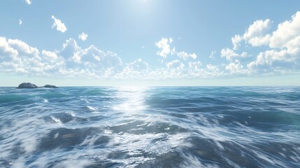 Fototapeta premium A serene ocean view under a bright sky with scattered clouds.