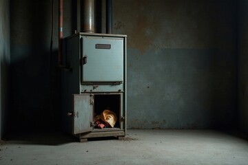 Forgotten Industrial Relic A Weathered Metal Cabinet in a Dark, Dusty Room