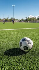 Soccer Ball Rests On Green Field With Players In Background