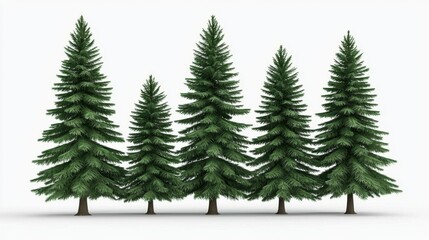 Obraz premium Five Evergreen Trees in a Row Against White Background