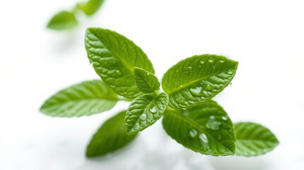 Fresh Mint Leaves Glistening With Morning Dew, A Vibrant Burst Of Natures Purity Against A Bright White Backdrop