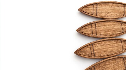 Five Miniature Wooden Boats on White Background