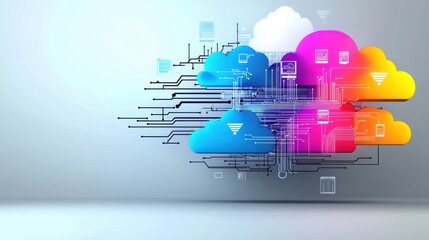 Obraz premium Vibrant digital technology backdrop featuring colorful cloud patterns abstract geometric shapes and futuristic circuit board elements