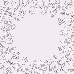 Vector frame with flower branches and plants for text. Hand drawn festive spring or summer borders. Design element for congratulating of holidays, invitation, Mother's Day, birthday. For flyer, card