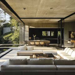 An expansive open concept space with natural light and lush green surroundings