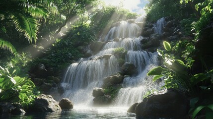 Lush waterfall cascading down rocky terrain in a tropical paradise. Sunlight streams through the dense foliage