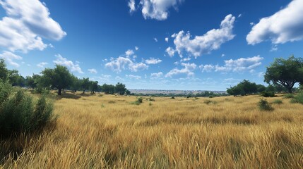 Fototapeta premium A serene landscape featuring golden grass and blue skies with scattered clouds.