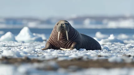 Peel and stick wall murals a walrus sitting on ice floes in the ocean.
